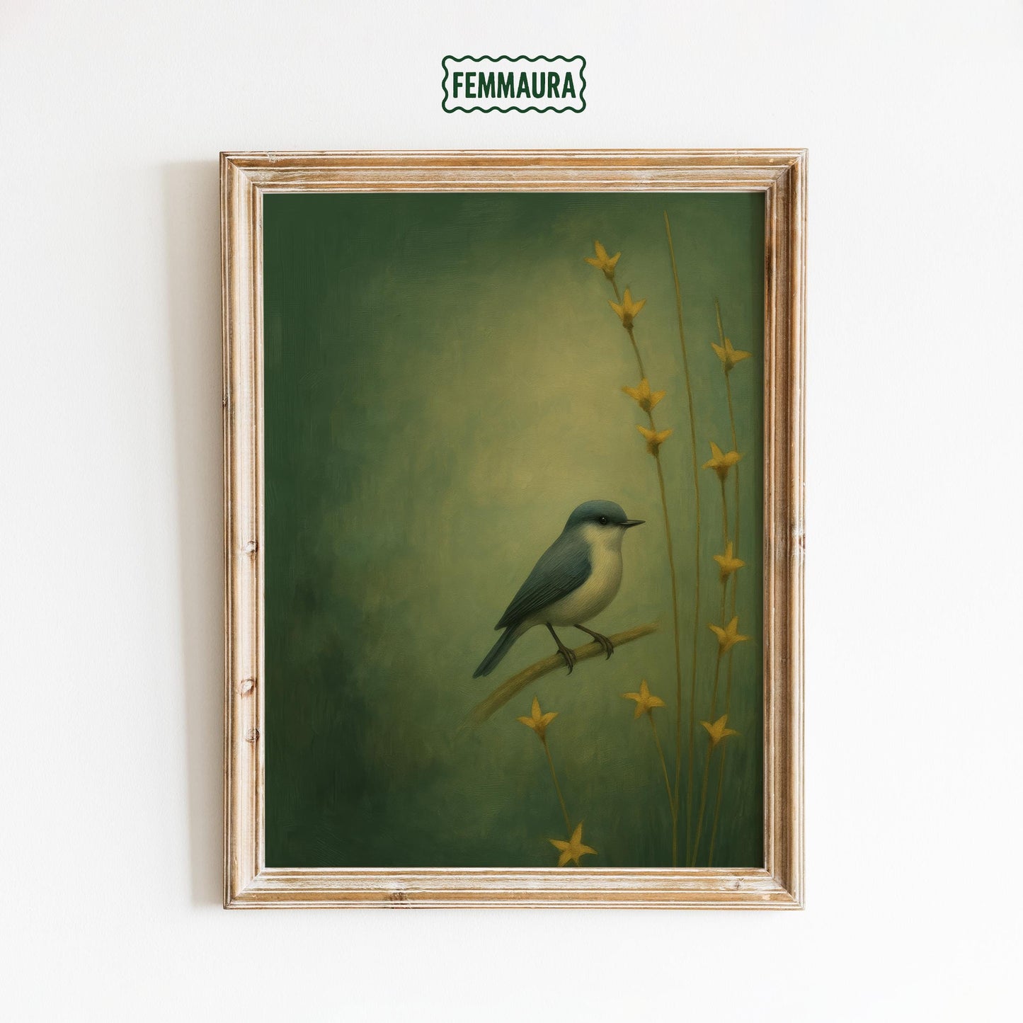 Moody Green Wall Art – Serene Bird Wall Print With Yellow Flower Art