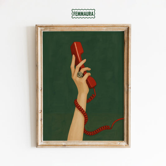 Red Telephone Poster – Retro Phone Art With Feminine Wall Decor & Nostalgic Vibe