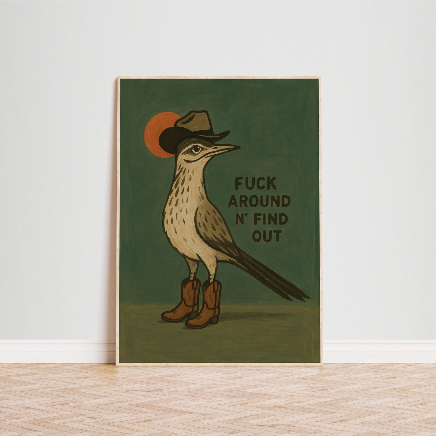 Cowboy Bird Poster – Rustic Western Wall Art With Cheeky Cowboy Boots Decor