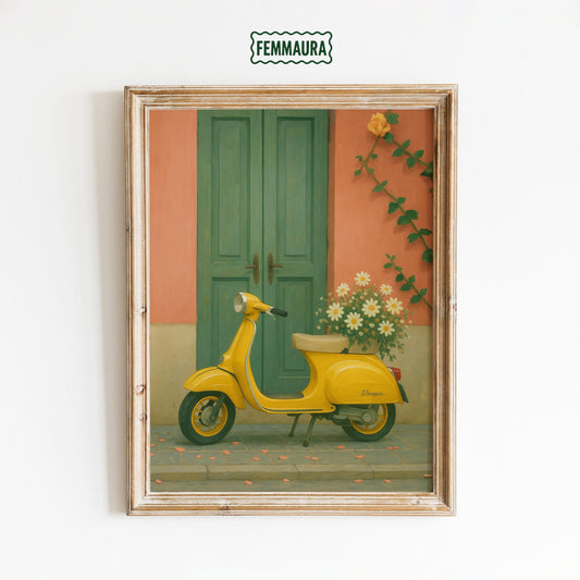 Yellow Vespa Poster – Retro Italian Decor | Vintage Street Art Print