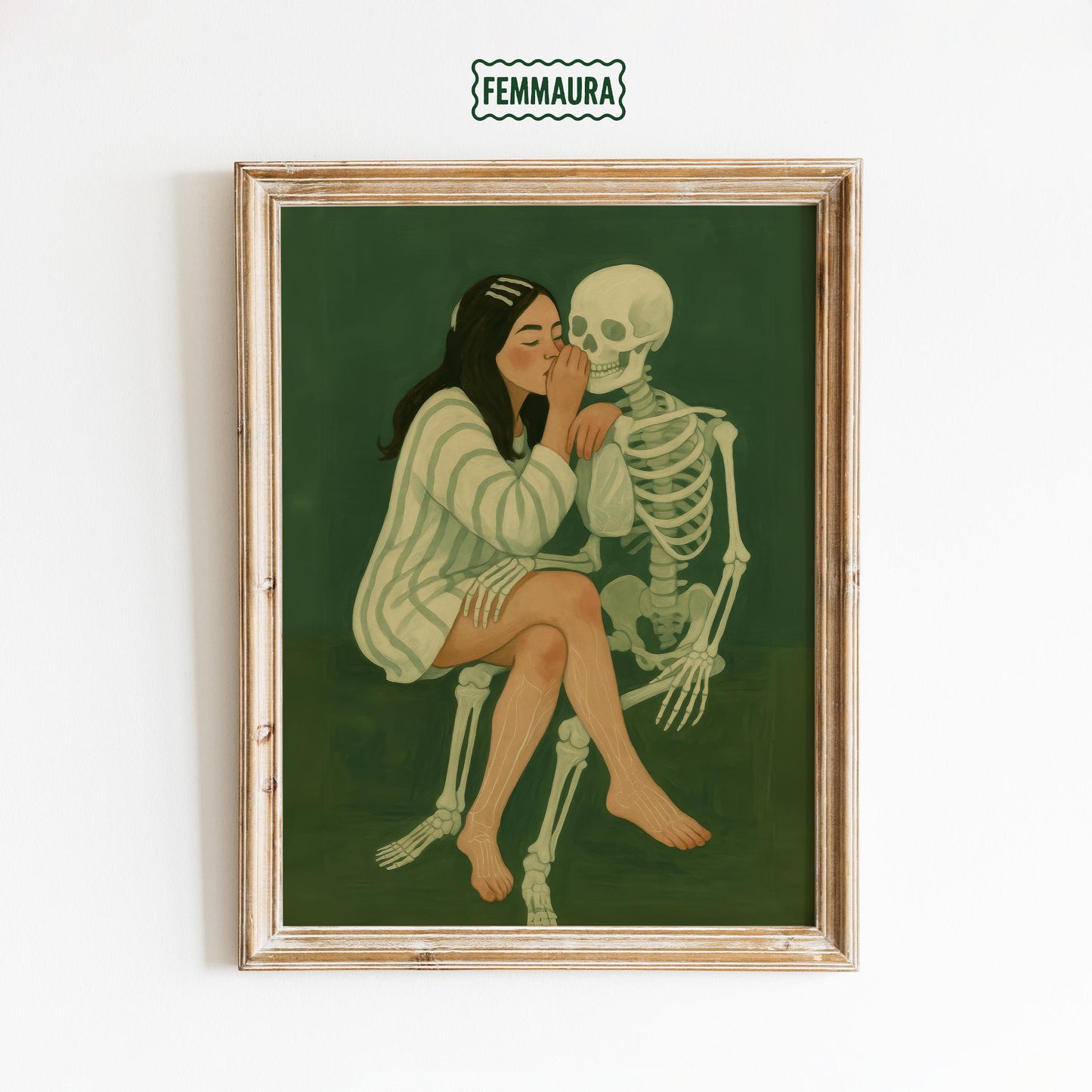 Dark Surreal Wall Art – Gothic Love Skeleton Print With Deep Green Moody Decor