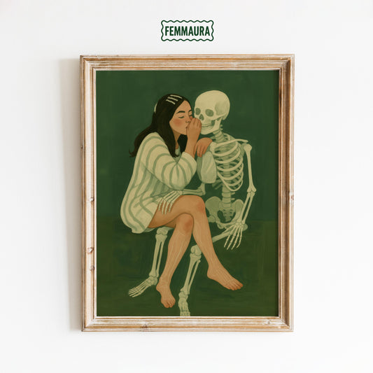 Dark Surreal Wall Art – Gothic Love Skeleton Print With Deep Green Moody Decor