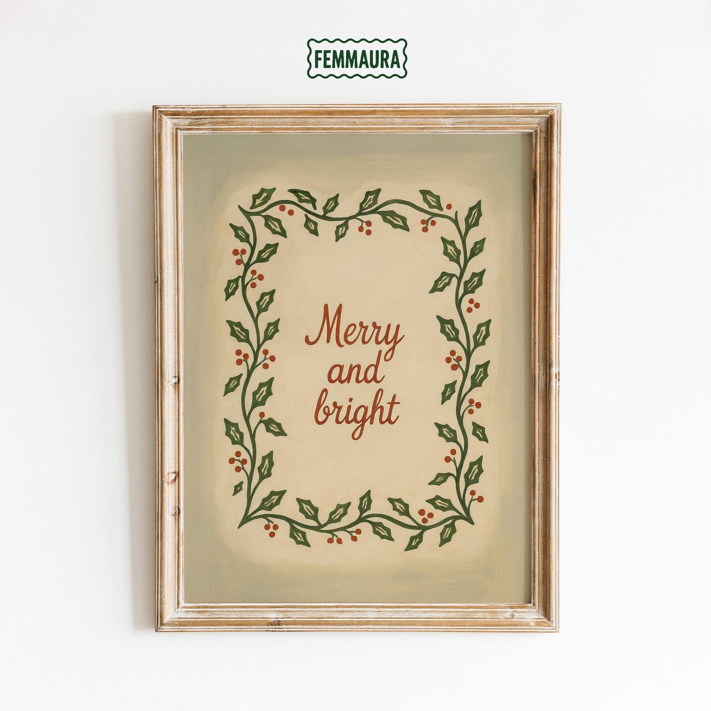 Vintage Christmas Wall Art – Merry Bright Poster With Hand Painted Wreath Print