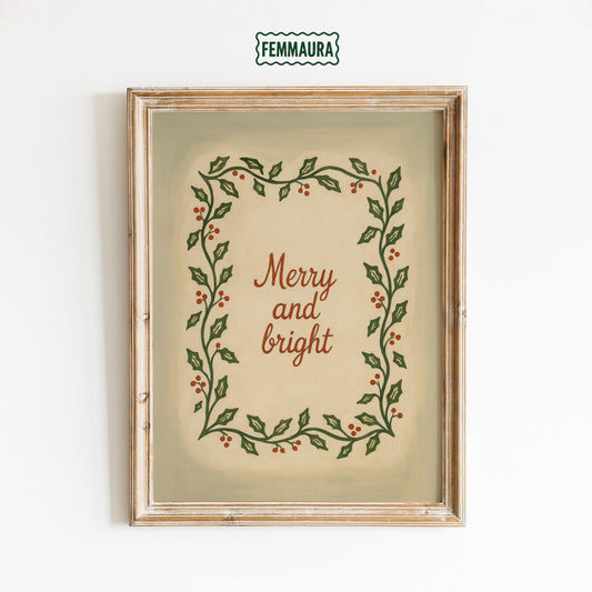 Vintage Christmas Wall Art – Merry Bright Poster With Hand Painted Wreath Print