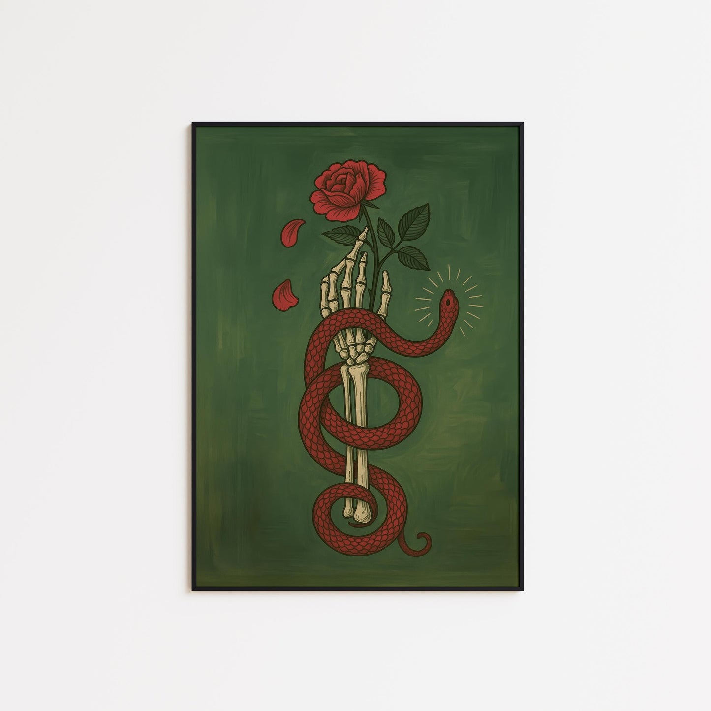 Gothic Wall Poster – Skeleton Hand Art with Red Rose & Green Serpent Design