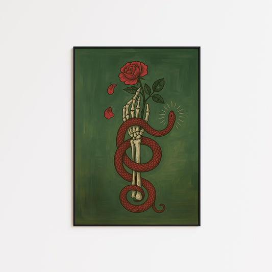 Gothic Wall Poster – Skeleton Hand Art with Red Rose & Green Serpent Design