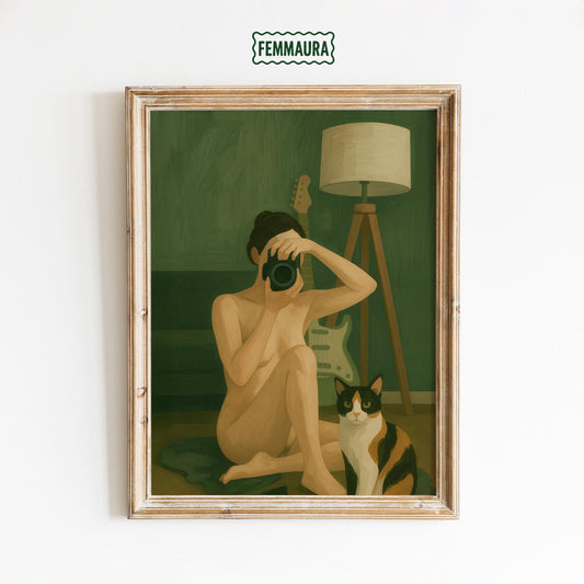 Feminine Intimate Wall Art – Self Portrait Art with Woman and Cat Poster