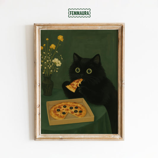 Black Cat Wall Art – Funny Cat Poster With Pizza Lover Decor & Playful Charm