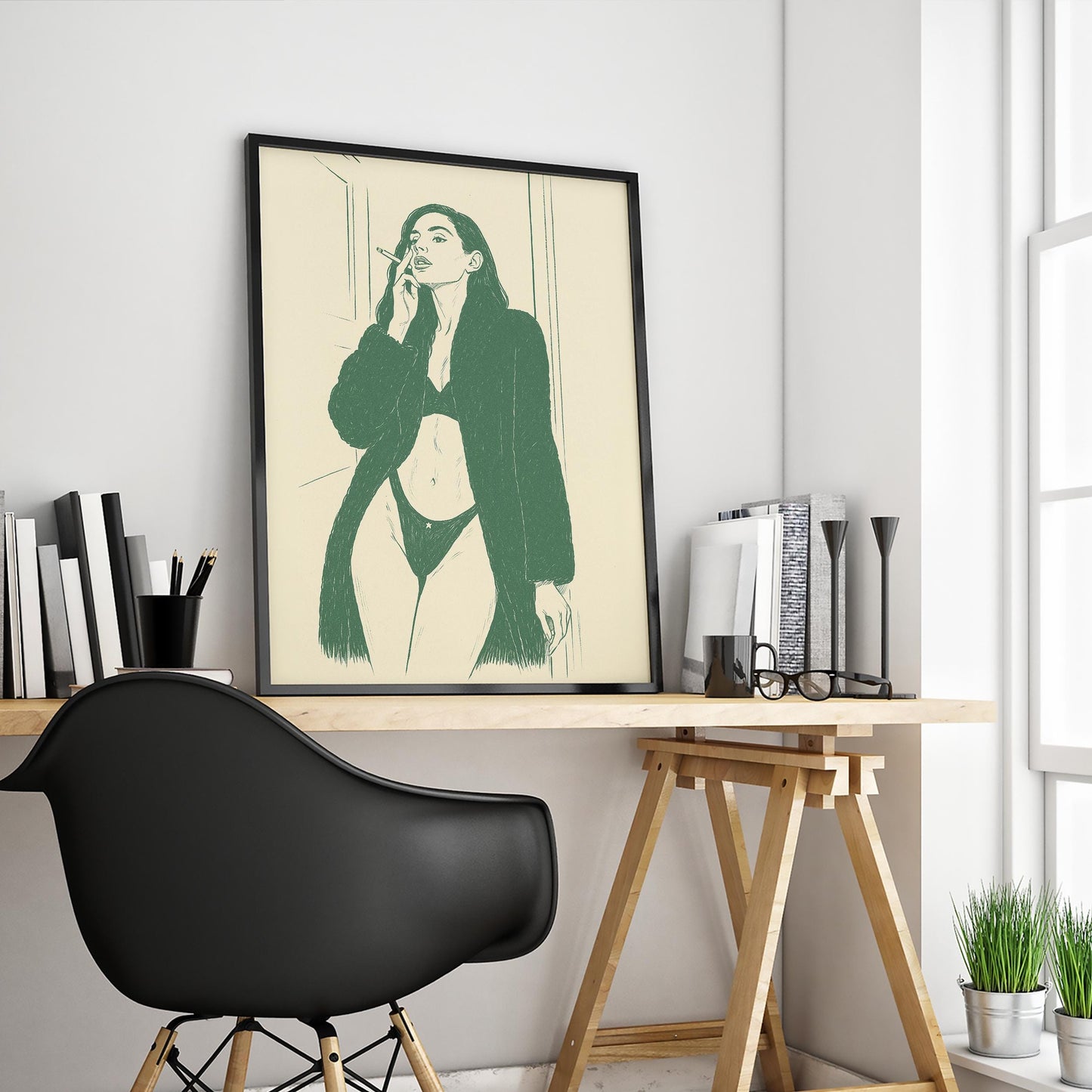 Smoky Muse Poster – Minimal Line Art Woman Print, Femmaura Bold Series