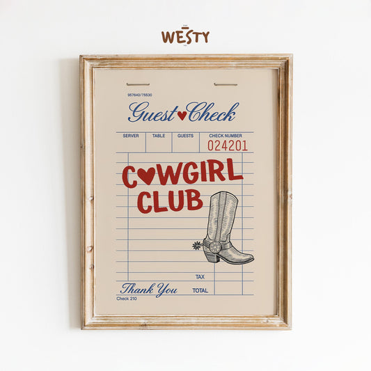 Cowgirl Club Diner Check Poster – Western Retro Wall Art for Cowgirl Decor