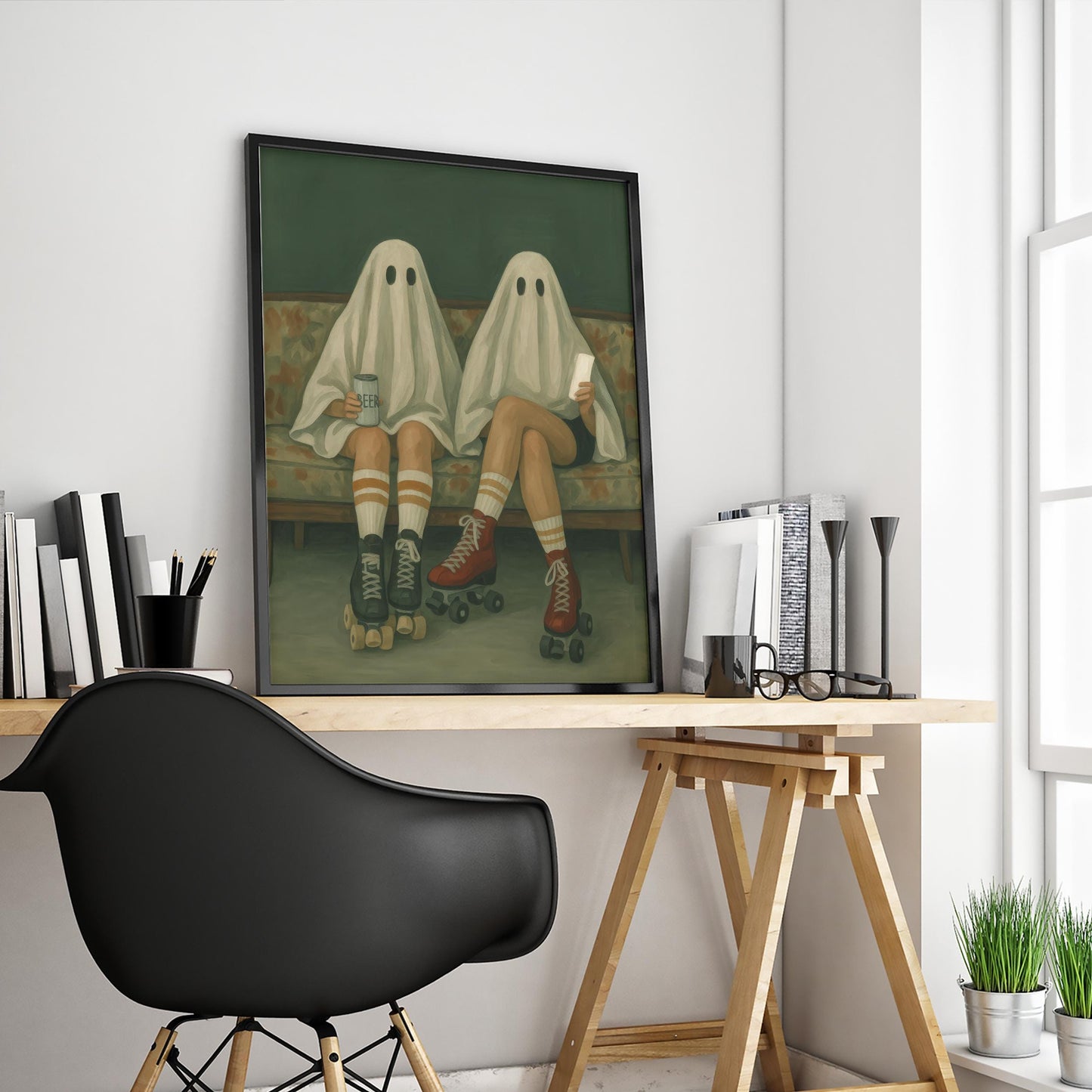 Retro Ghost Poster – Spooky Wall Art Featuring Roller Skate Ghost Friends Print