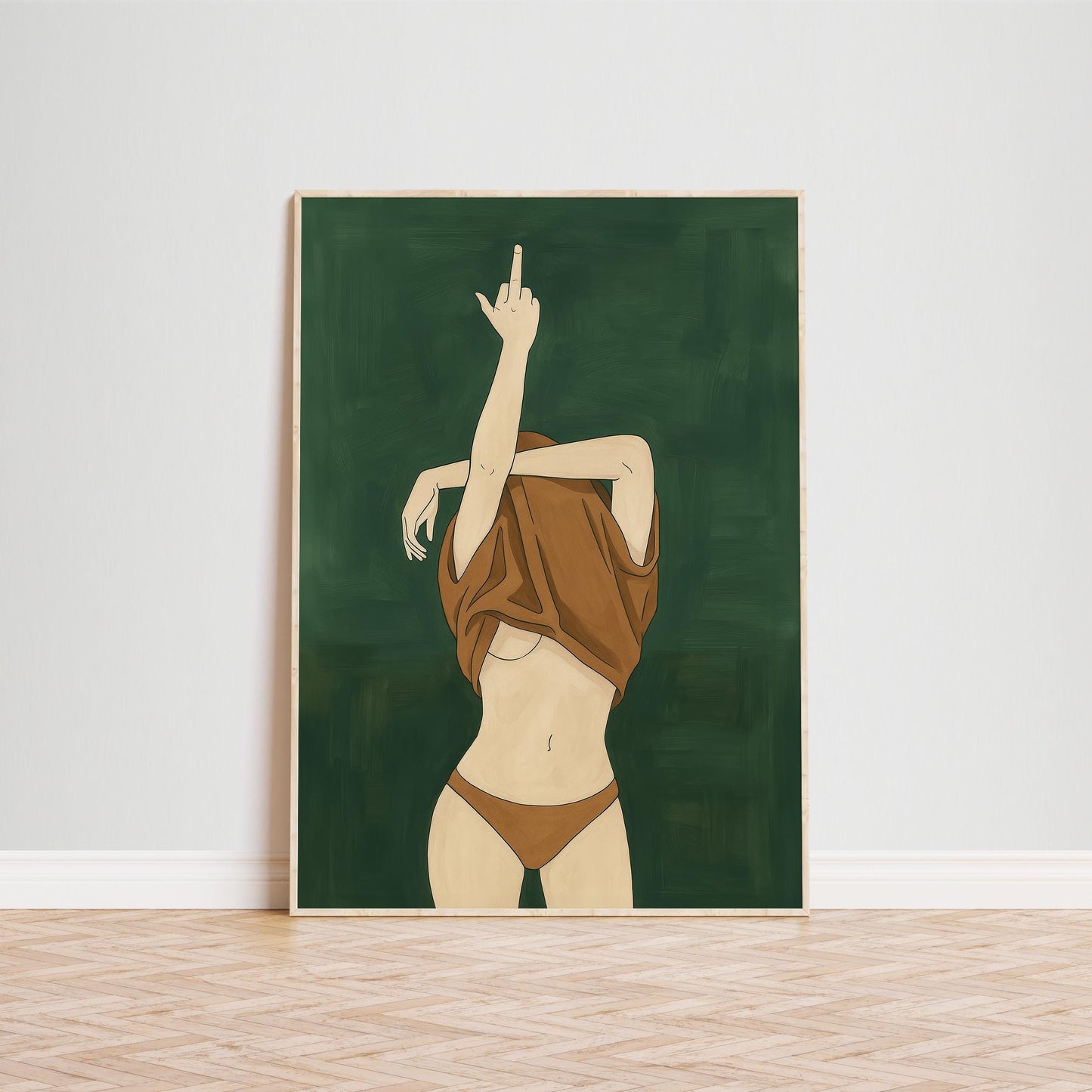 Feminist Art Print – Bold Nude Poster with Middle Finger Illustration on Dark Green