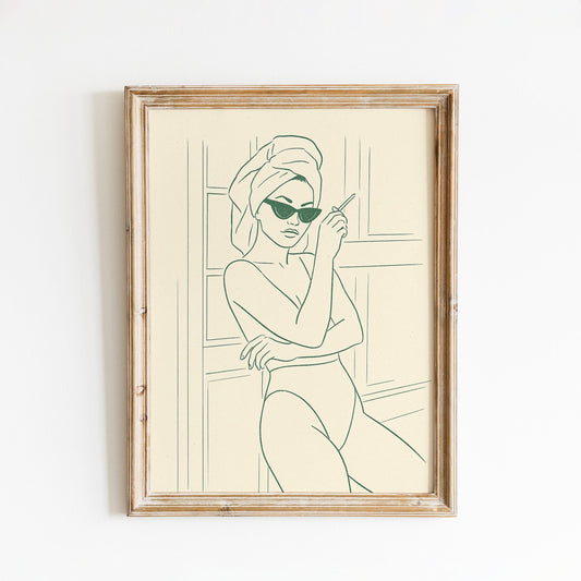 Towel & Cigarette Poster – Minimal Line Art Woman Print, Femmaura Bold Series
