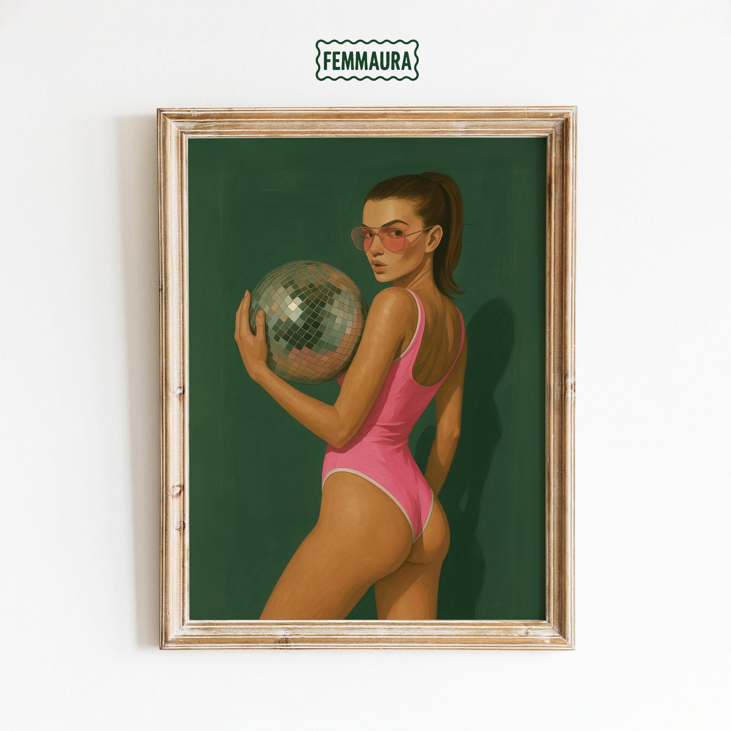 Retro Glam Poster – Bold Pink Swimsuit Art With Disco Ball Wall Decor
