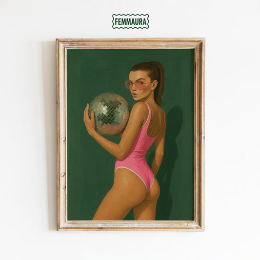 Retro Glam Poster – Bold Pink Swimsuit Art With Disco Ball Wall Decor
