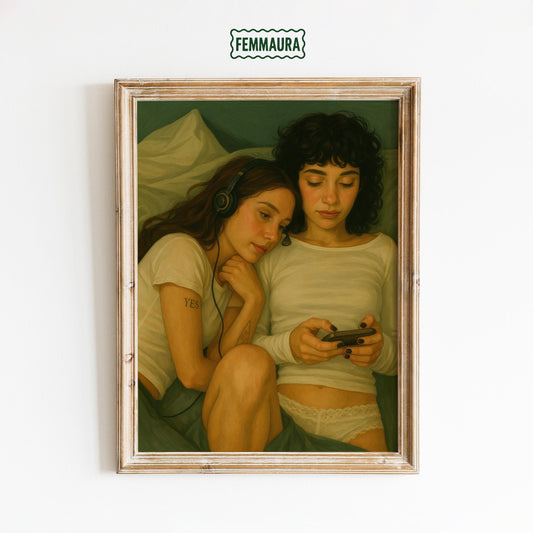 Vintage Girls Listening Poster – Intimate Bedroom Wall Art With Soft Moody Colors