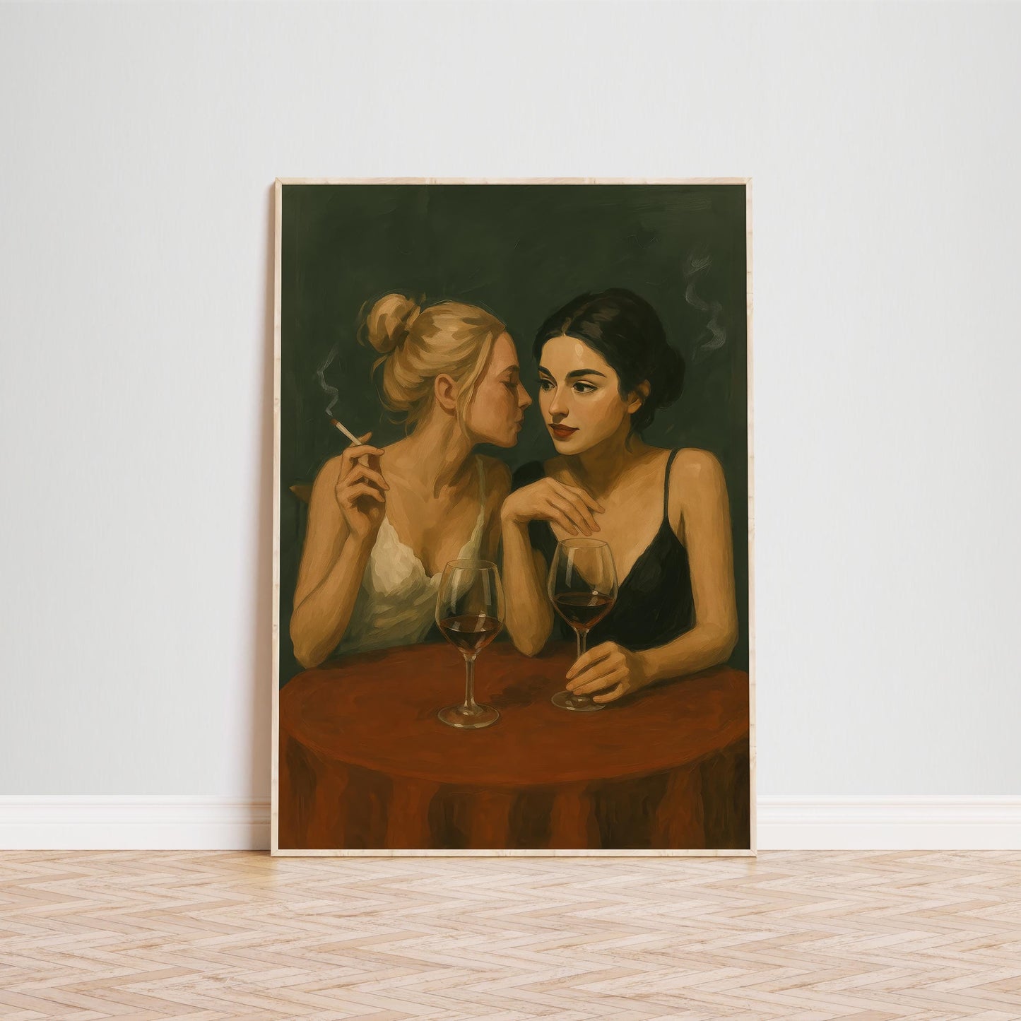 Romantic Bar Art Print – Intimate Lesbian Couple Sapphic Romance Wall Decor
