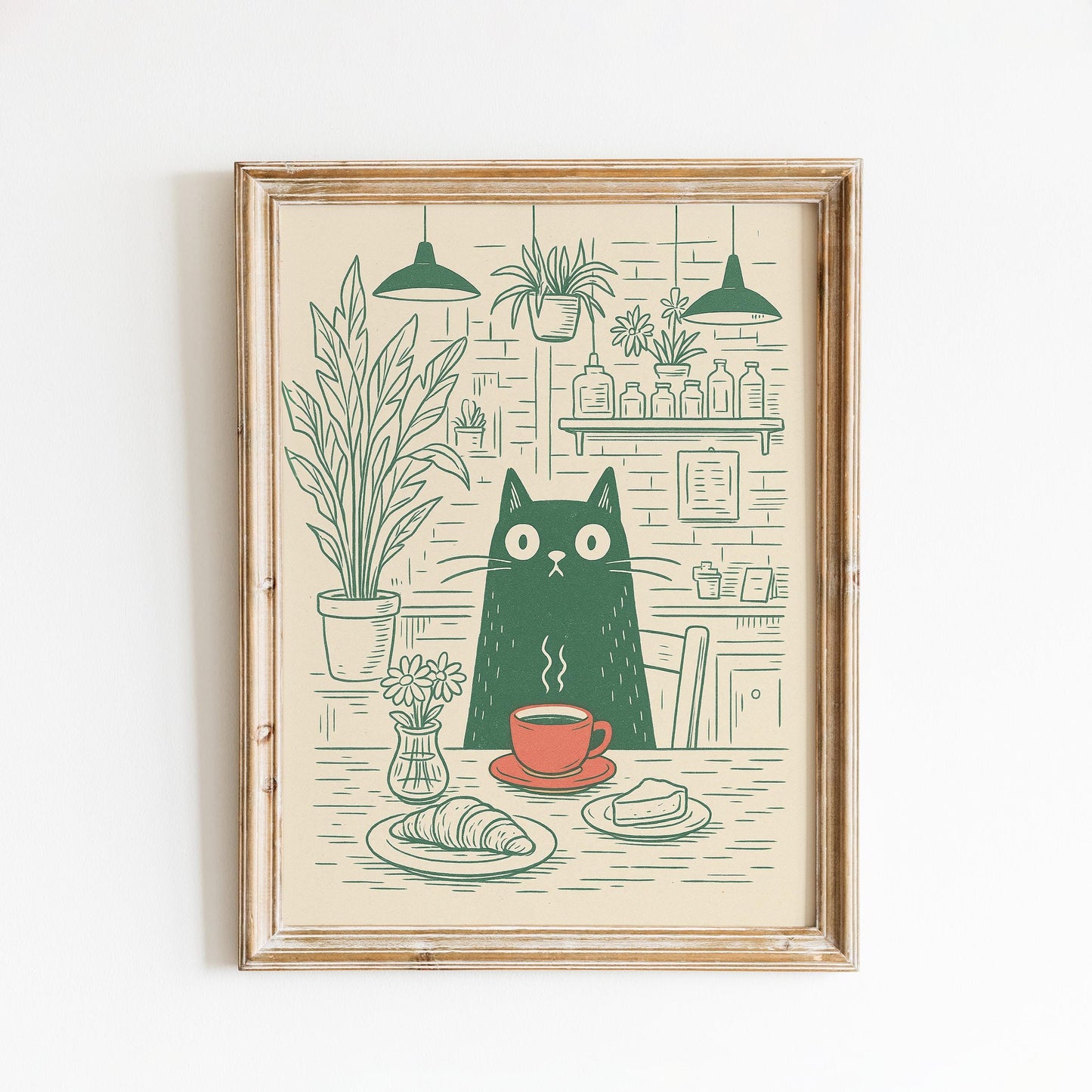 Cat Café Poster – Minimal Green Line Art of Cat with Coffee