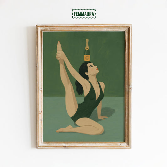 Champagne Balance Yoga Art – Retro Woman Poster | Green Wall Decor