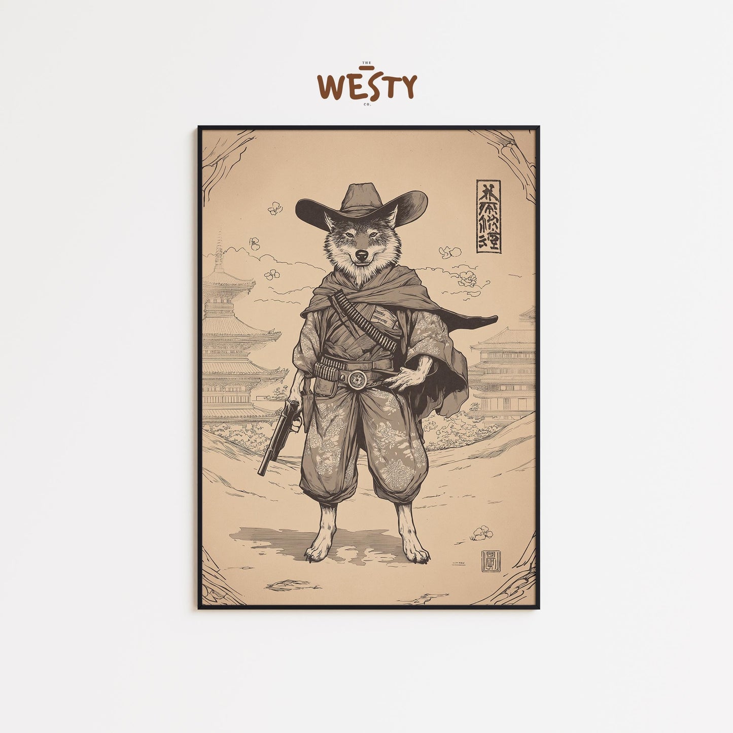 Wolf Gunslinger Samurai Poster – Sepia East-West Fusion Wall Art
