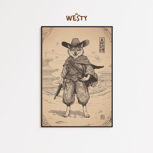 Wolf Gunslinger Samurai Poster – Sepia East-West Fusion Wall Art