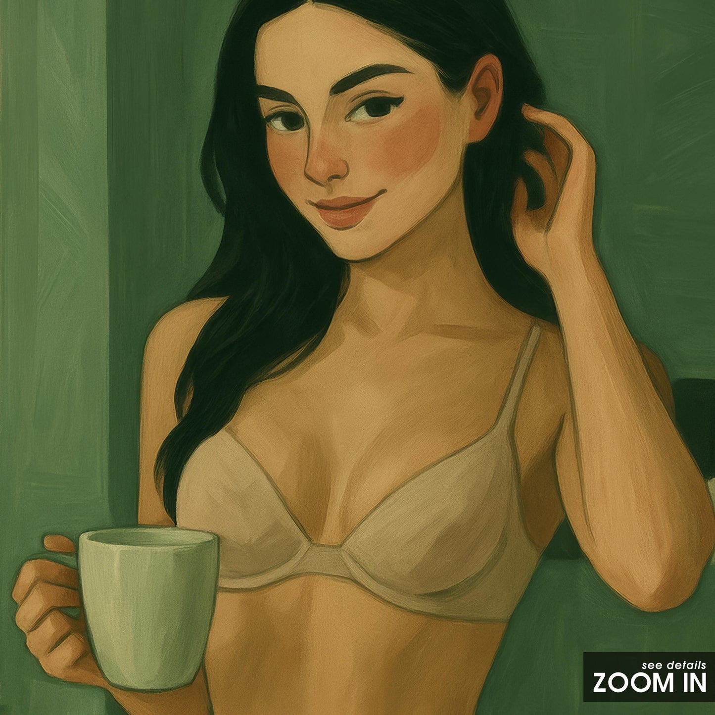 Morning Coffee Girl Poster – Feminine Wall Art | Boudoir Style Print in Soft Green Tones