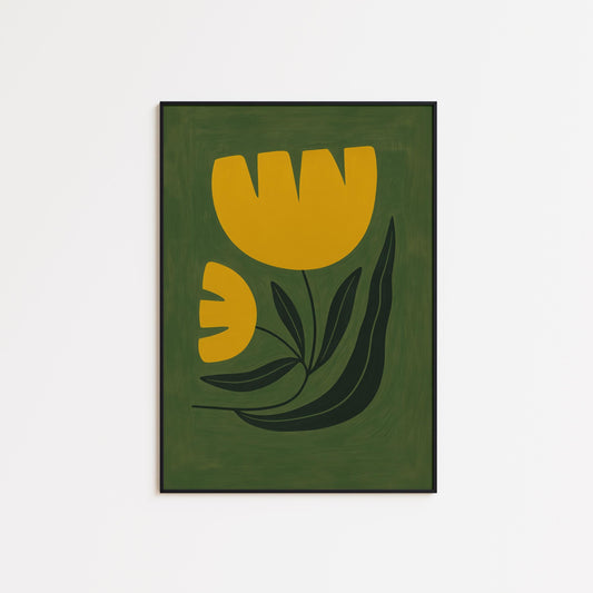 Olive Green Wall Art – Retro Floral Poster | Minimalist Tulip Print