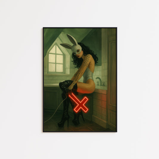Bunny Mask Art Print – Neon Cross Retro Woman Poster | Edgy Alternative Wall Decor
