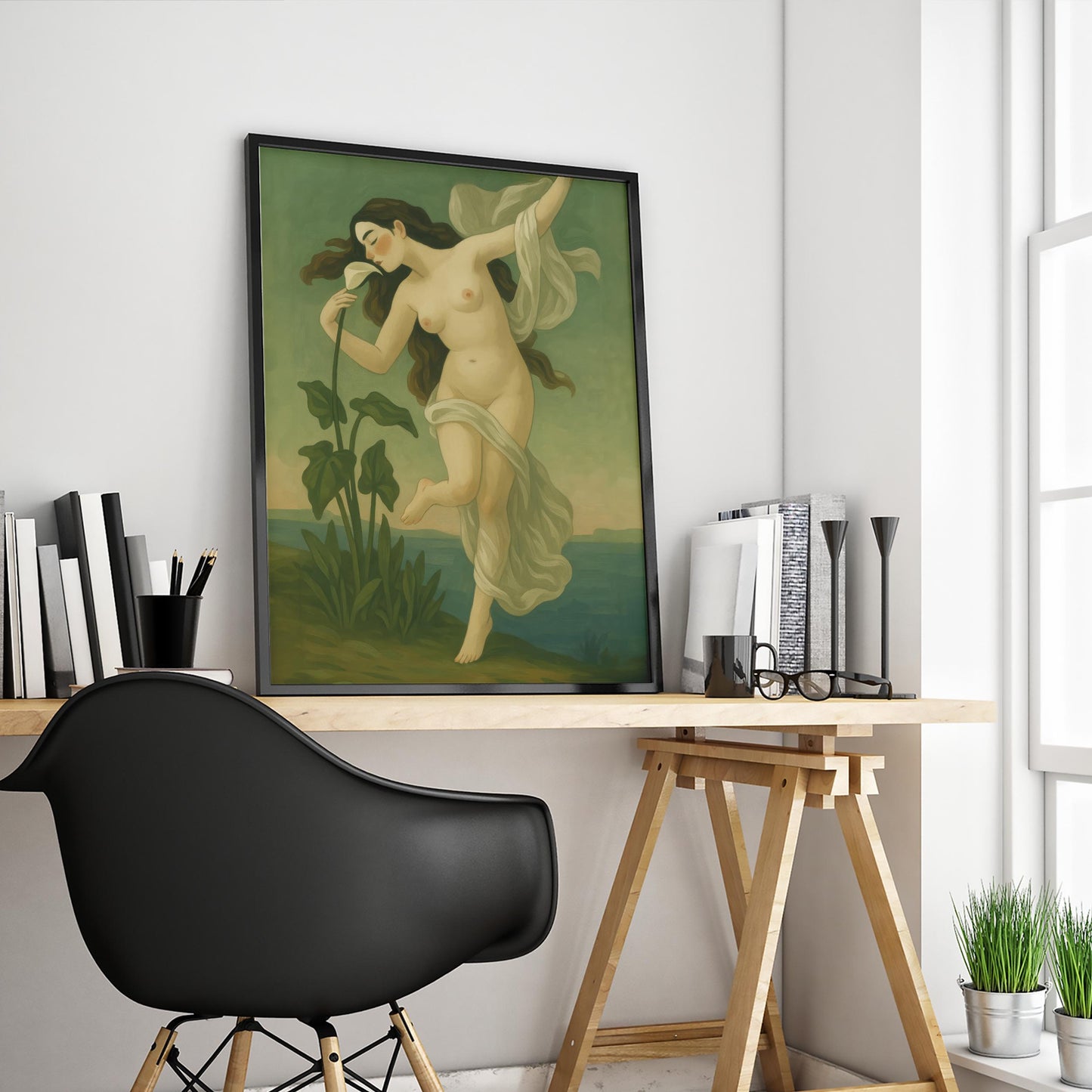 Nude Goddess Poster – Romantic Wall Art With White Lily & Mythical Elegance