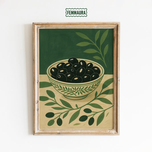 Olive Bowl Poster – Mediterranean Kitchen Art | Rustic Farmhouse Wall Print