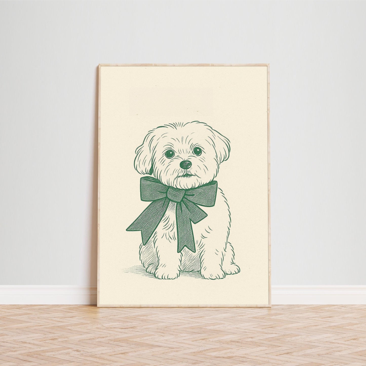Green Bow Puppy Poster – Minimal Dog Illustration Wall Art