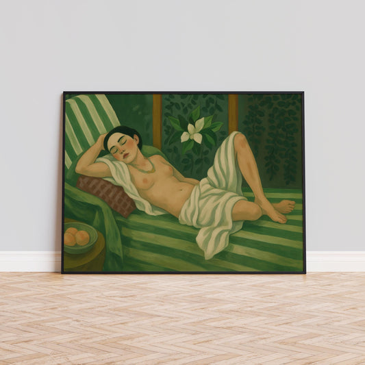 Sensual Vintage Wall Art – Reclining Nude Art with Green Botanical Decor