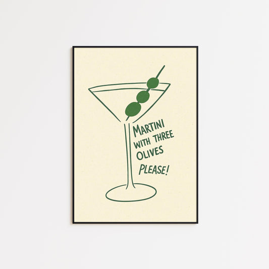 Martini with Three Olives – Minimal Cocktail Line Art Print, Vintage Bar Poster
