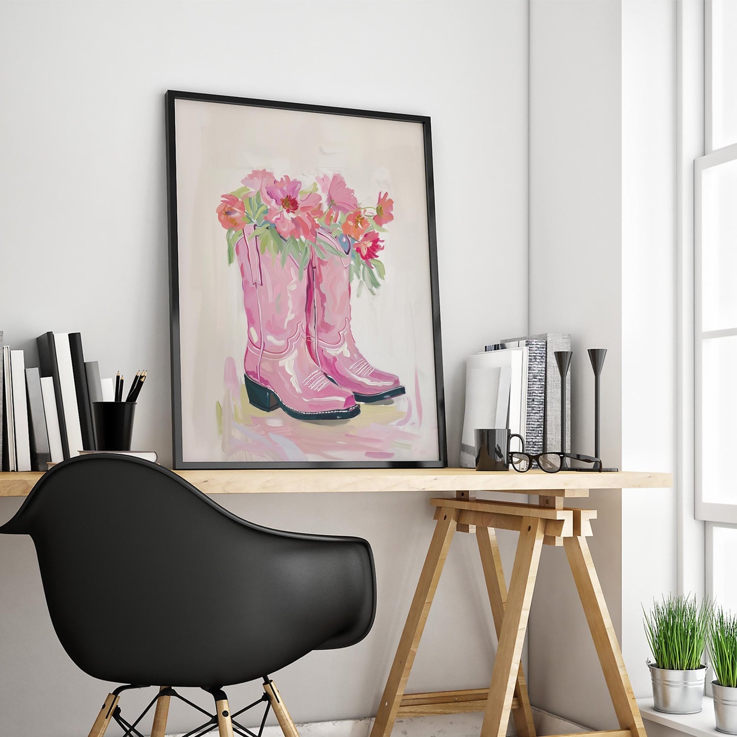 Pink Cowgirl Boots with Flowers – Feminine Western Wall Art Print