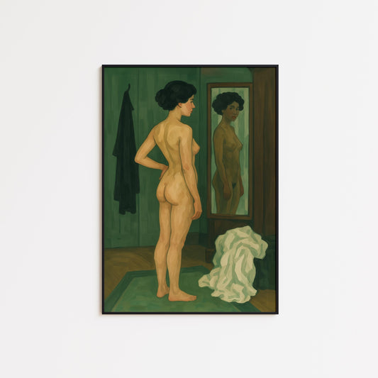 Feminine Nude Wall Art – Moody Green Decor | Elegant Reflective Poster