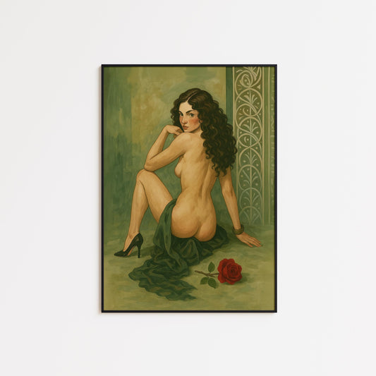 Vintage Nude Art Print – Sensual Woman Painting With Red Rose Illustration