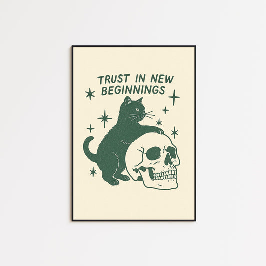 Trust in New Beginnings – Gothic Minimal Cat Poster, Witchy Spiritual Wall Art