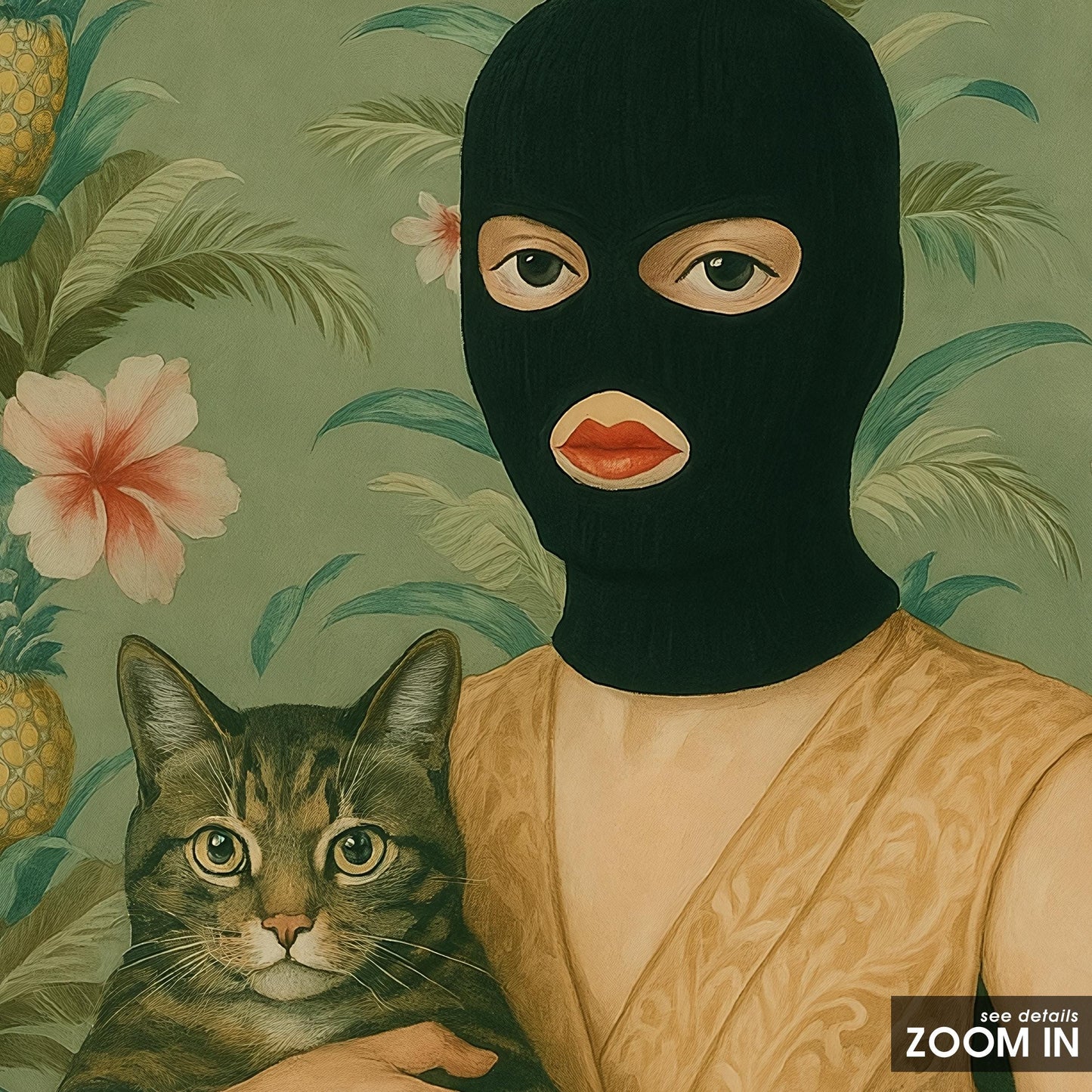 Masked Woman Poster – Surreal Wall Art With Cat, Vintage Gouache Print