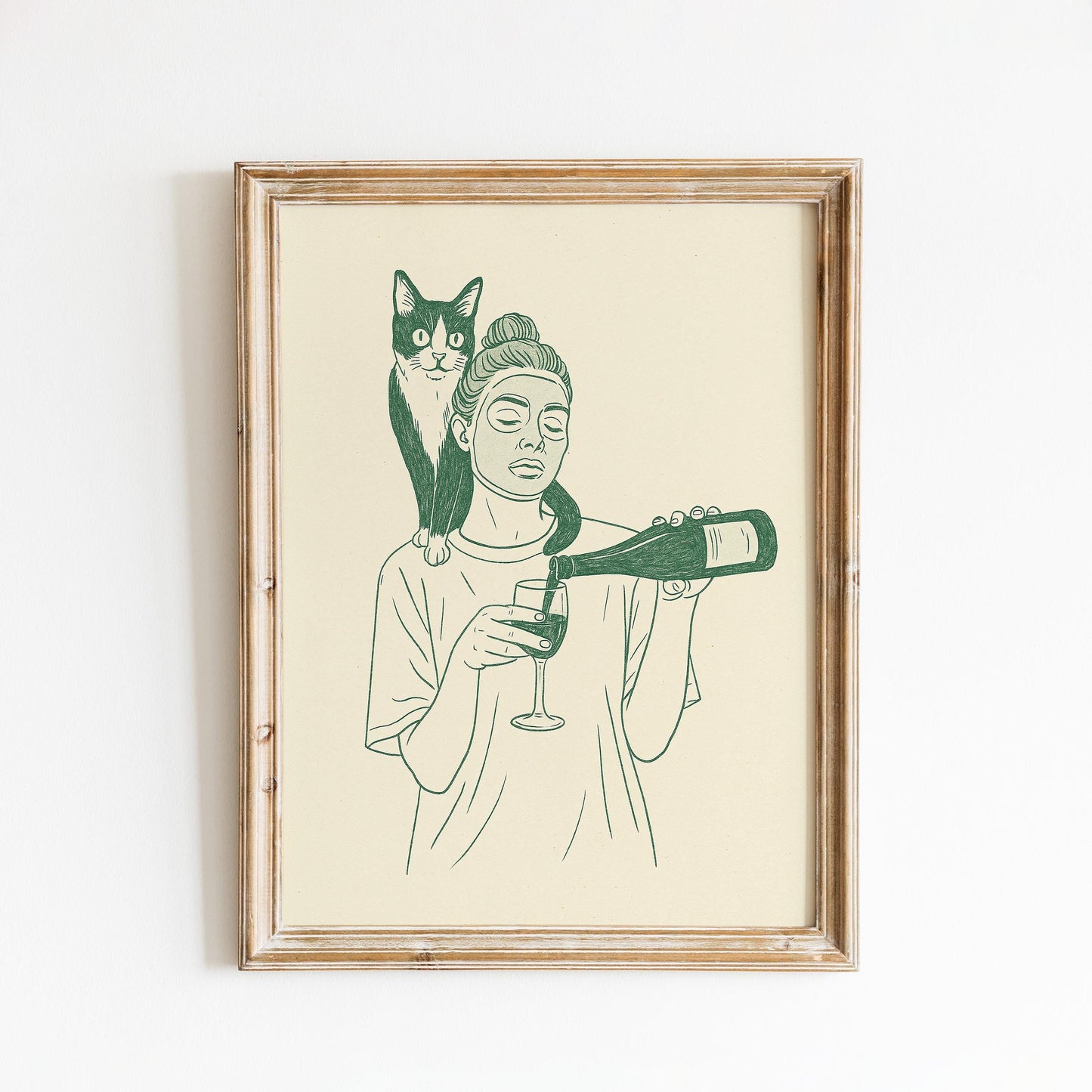 Cat and Wine Line Art Print – Self Care Wall Art, Minimalist Home Decor Poster
