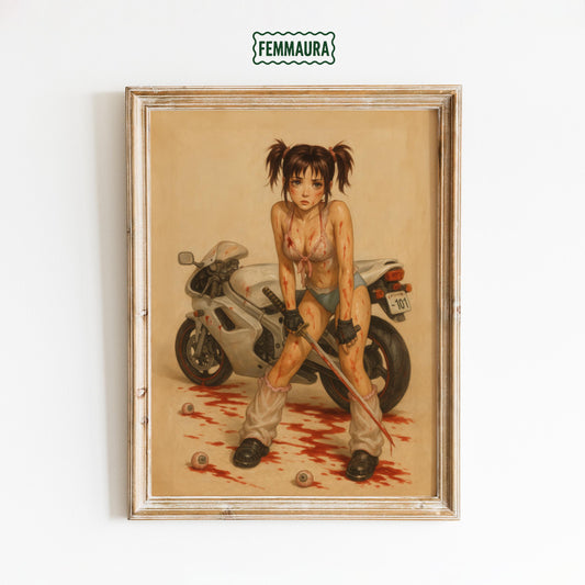 Anime Warrior Art Print – Bloody Biker Girl Femme Fatale Poster With Katana