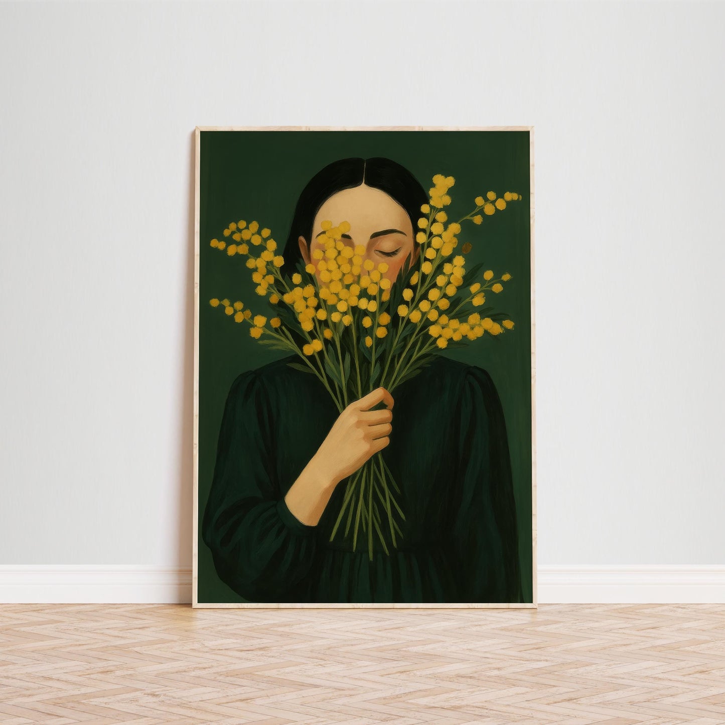 Minimal Floral Poster – Girl With Mimosa, Moody Green Yellow Print, Quiet Feminine Decor