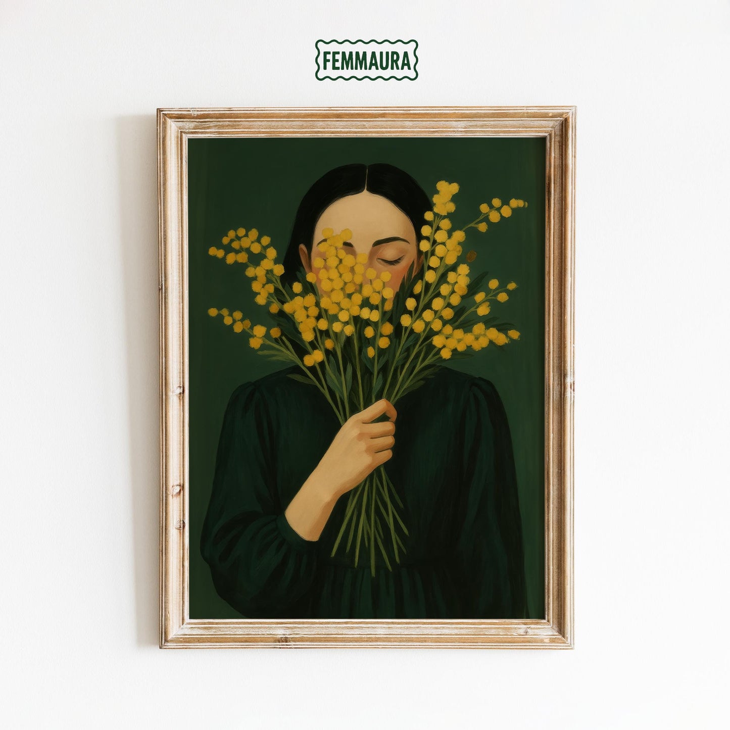 Minimal Floral Poster – Girl With Mimosa, Moody Green Yellow Print, Quiet Feminine Decor