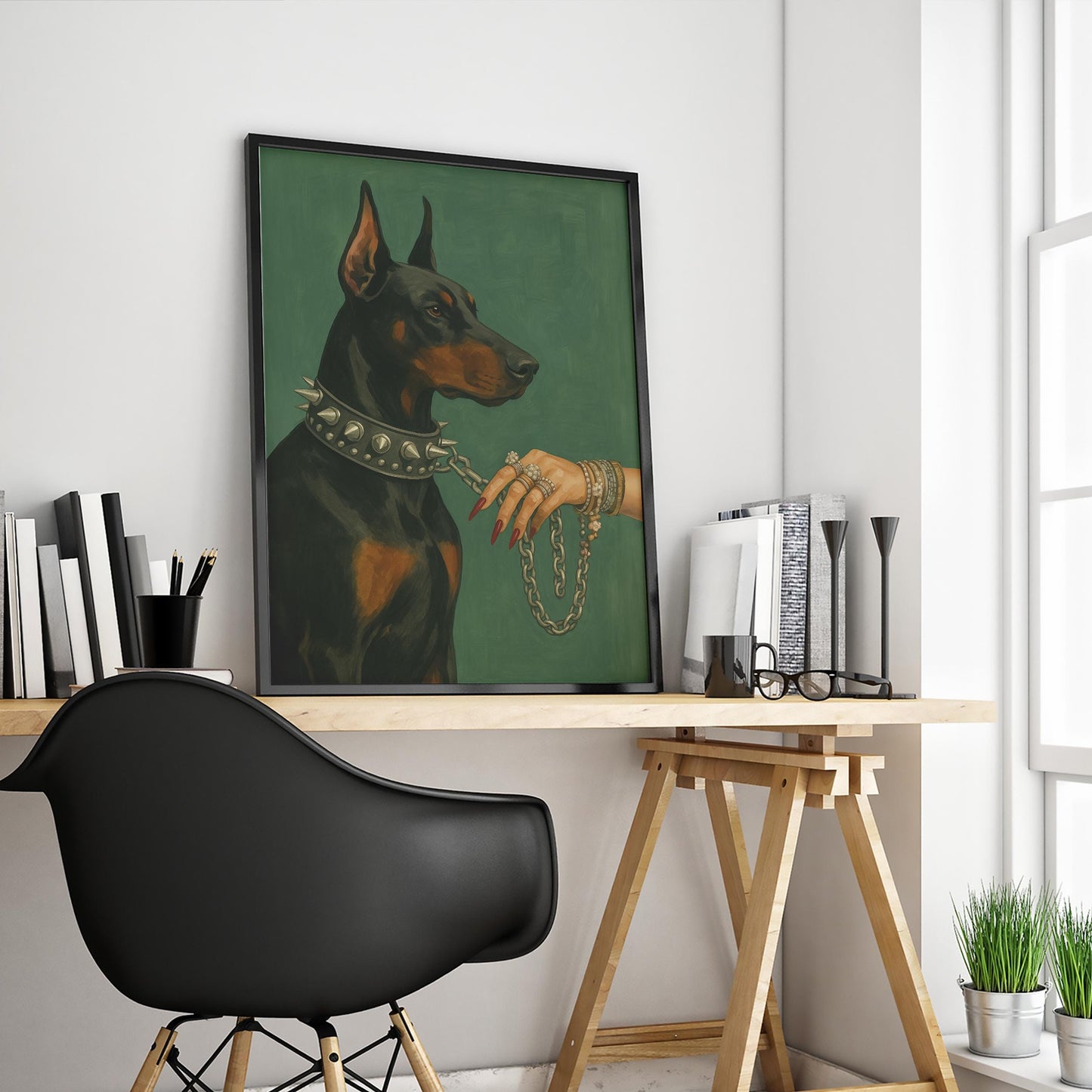 Doberman Wall Art – Luxury Dog Poster With Dark Green Decor & Bold Statement