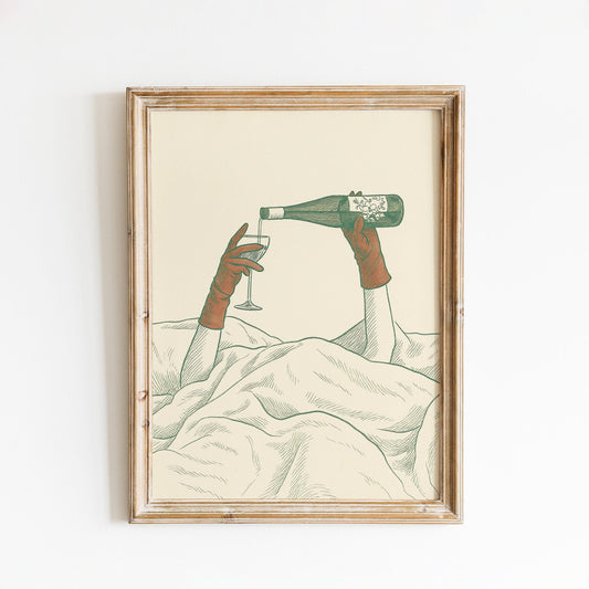 Wine in Bed Poster – Minimal Surreal Line Art Print, Femmaura Bold Series