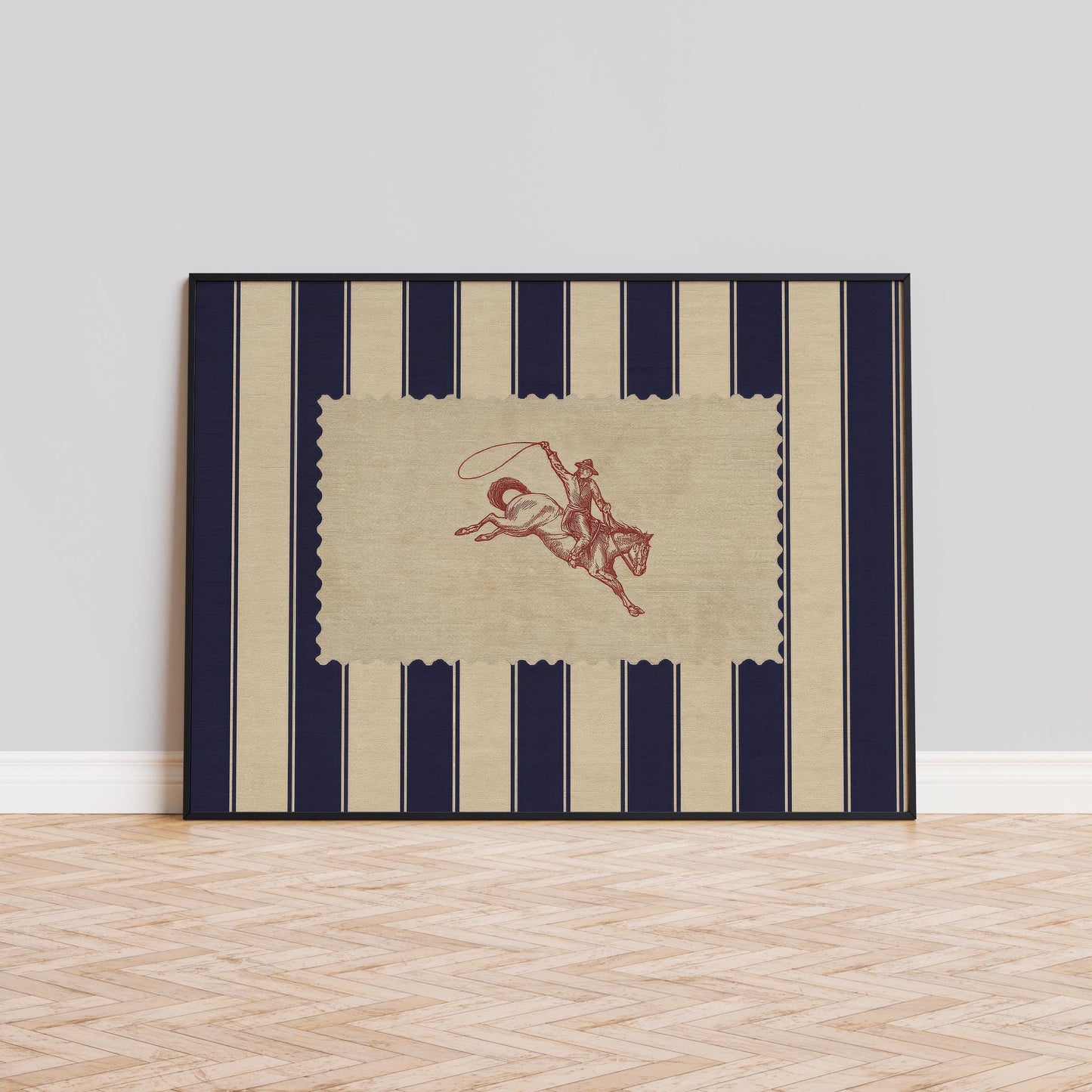 Western Cowboy Wall Art – Vintage Rodeo Print with Striped Background Design