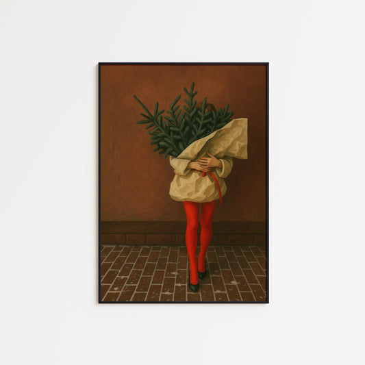 Christmas Tree Poster – Minimalist Holiday Wall Art With Woman Carrying Tree