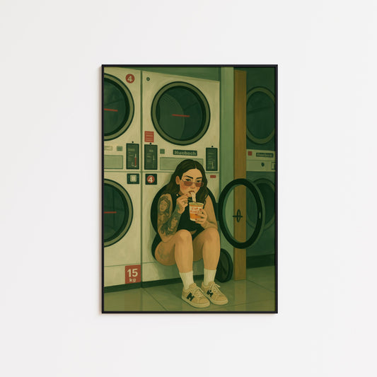 Tattooed Girl Poster – Retro Urban Artwork | Laundromat Art Print, Edgy Wall Decor