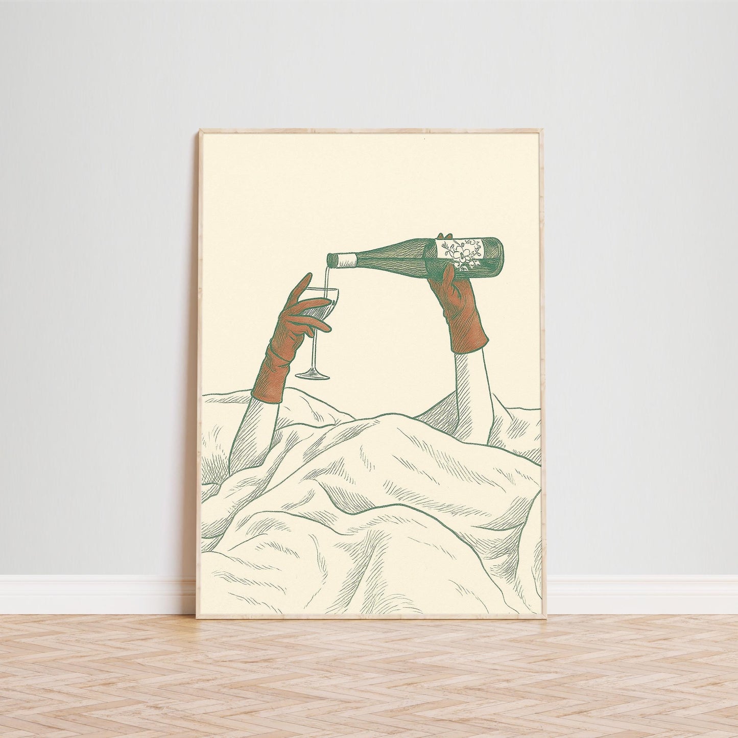 Wine in Bed Poster – Minimal Surreal Line Art Print, Femmaura Bold Series