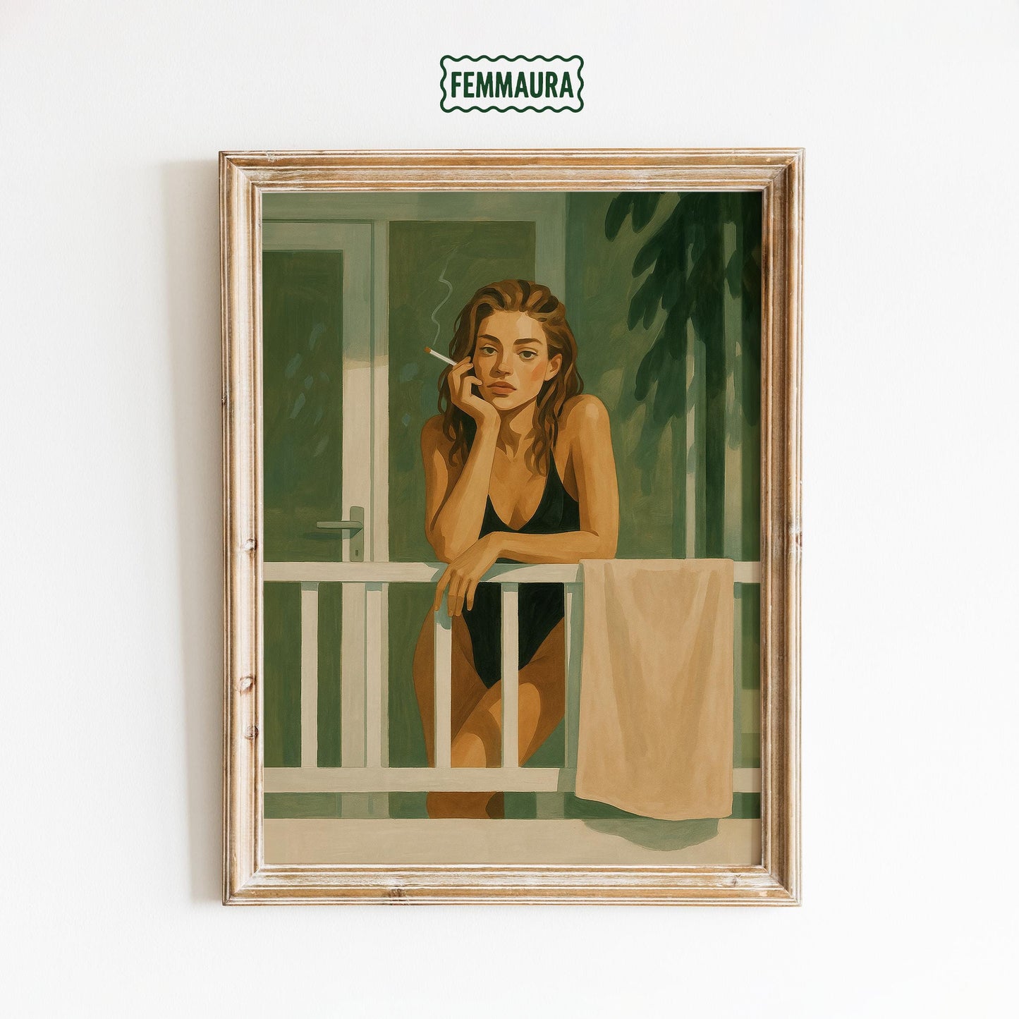 Modern Feminist Poster – Cinematic Retro Wall Art | Moody Green Balcony Print