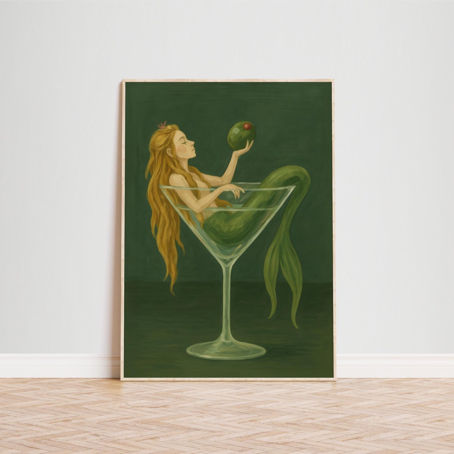 Mermaid Wall Art - Fantasy Cocktail Print in Green Martini Glass for Bar Decor